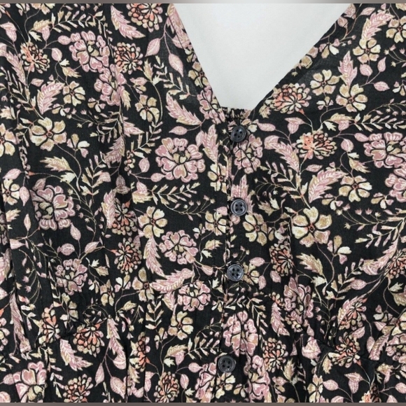 Old Navy Babydoll Blouse Top, Brown Pink Floral Smocked Ruffle Trim, Size XL - Picture 9 of 10